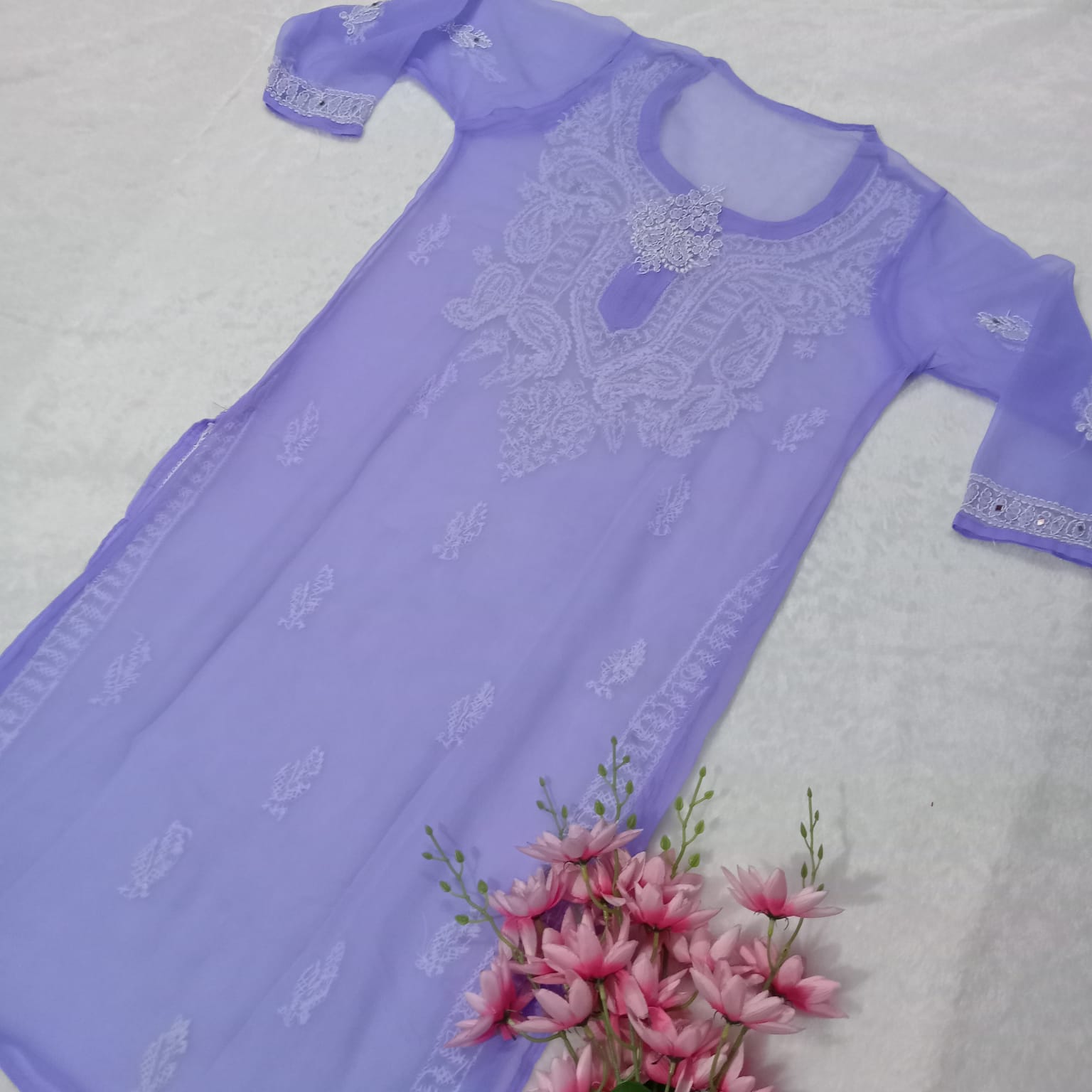 Purple Georgette Chikankari Kurta With Jaal Embroidery - Chikankari Closet